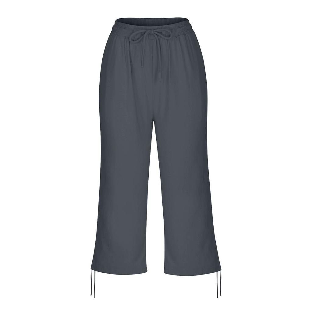 Women Loose Cotton Linen Drawstring Solid Pocket Casual Capri Pants