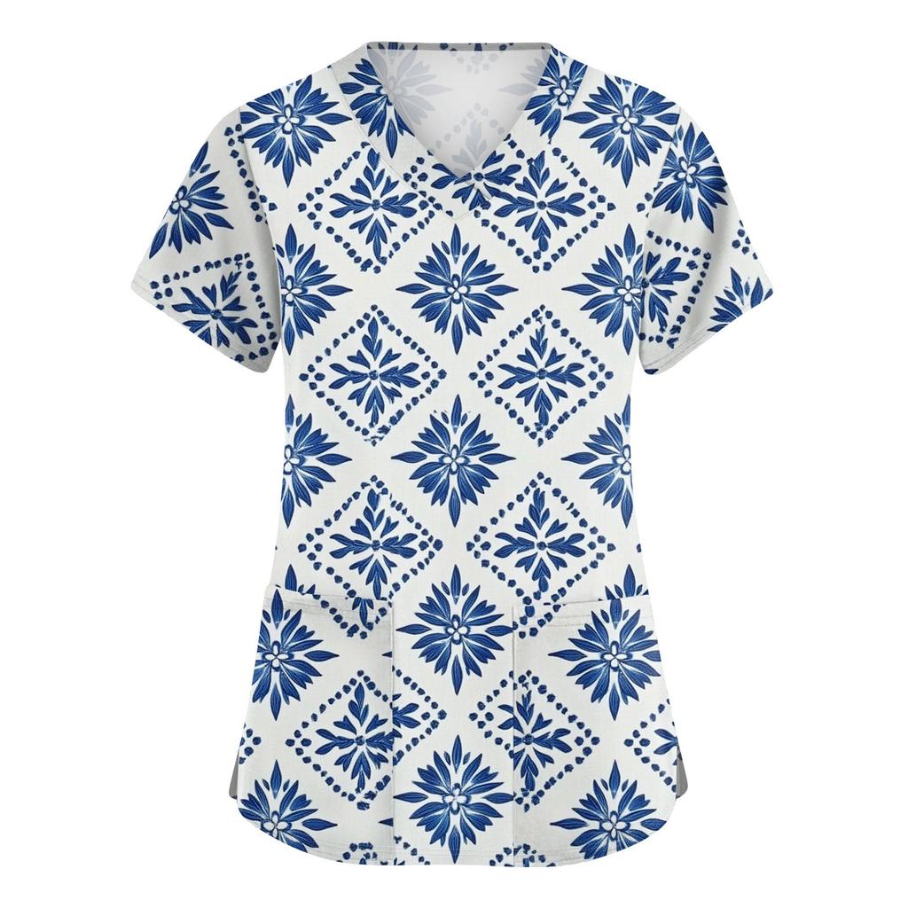 Niedlich bedruckte Arbeitskleidung für Damen, V-Ausschnitt, doppellagige Taschen, Basic-Kurzarm-Oberteil, Pullover