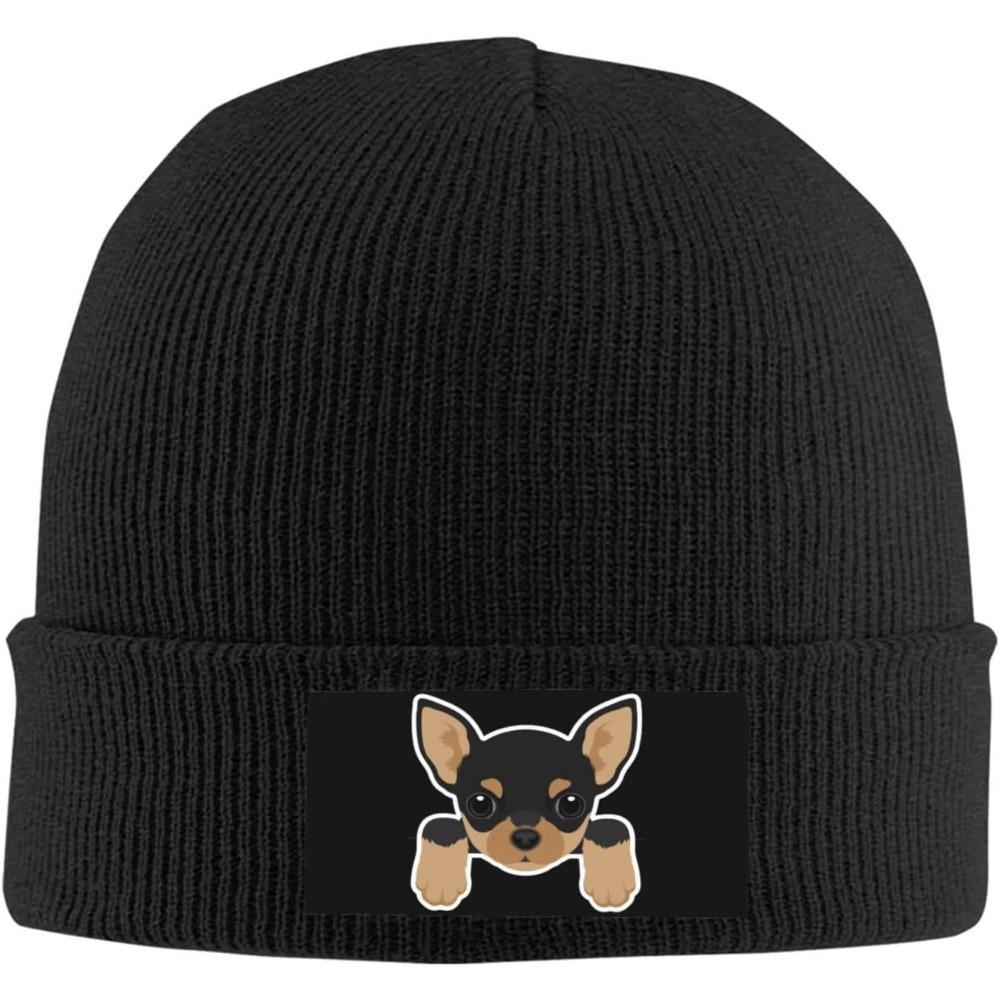 Black Knitted Beanie With Cute Chihuahua Patch Winter Warm Hat For Unisex Women Dog Lover Animal Print Skull Cap