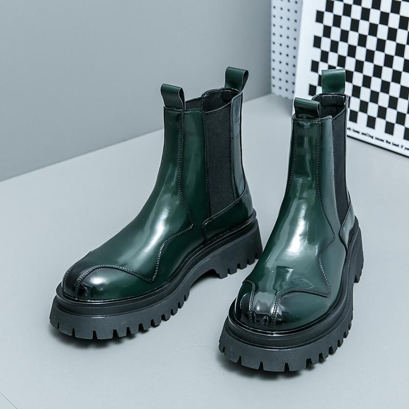 

Модные деловые лакированные кожаные ботинки, ботильоны до середины голени с толстой подошвой, уличные кожаные ботинки, мужские короткие круглые ботинки 44 зелёный