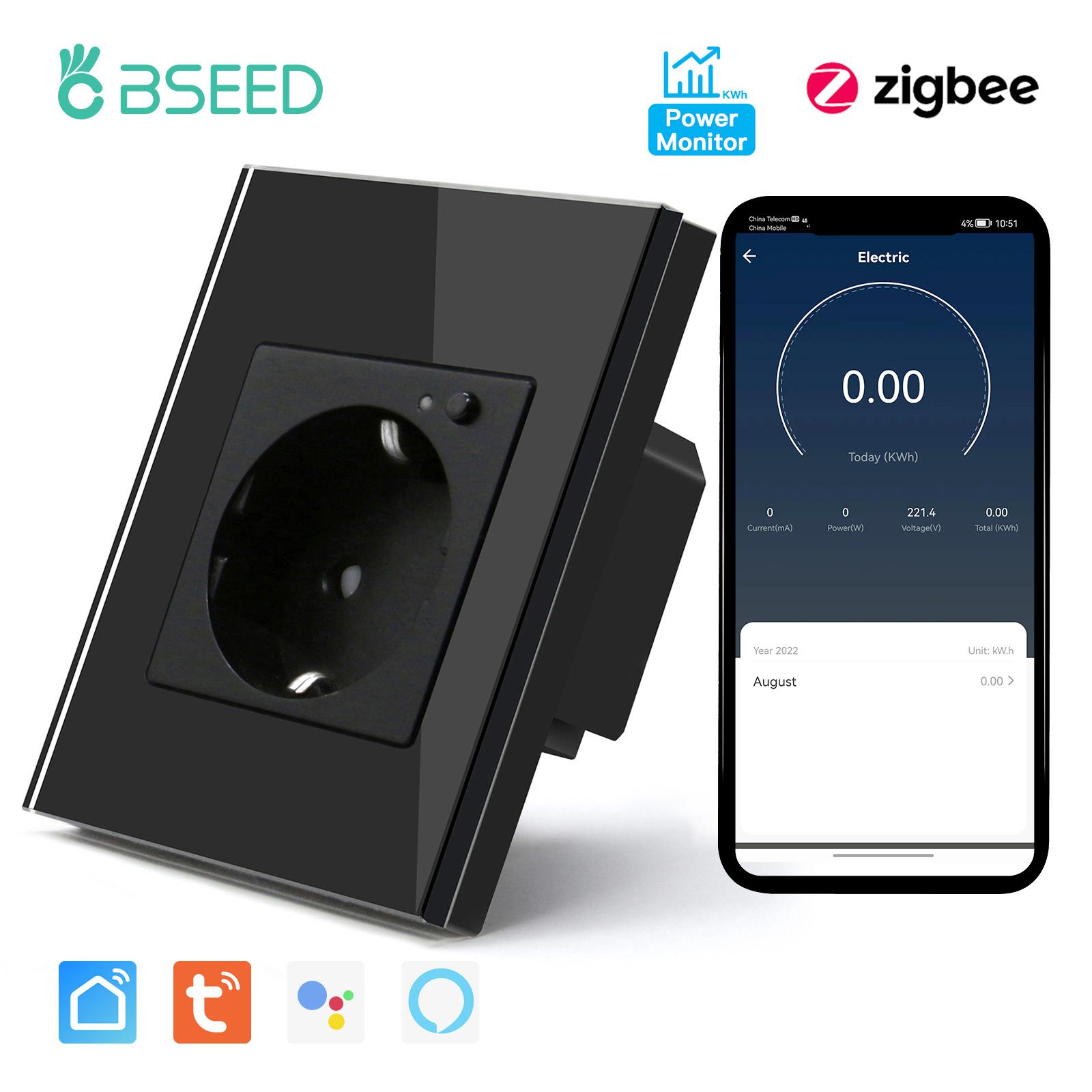 

BSEED Zigbee Wall Socket EU Socket Smart Power Monitor Electric Sockets Glass Frame Tuya Smart Life Alexa Alice Control 16A Need Zigbee Gateway