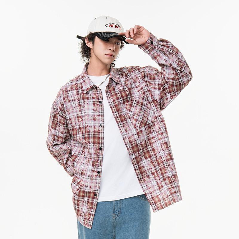 New Japanese Mid-length Shirt for Spring for Men's Fashion Trend Casual Plaid Shirt