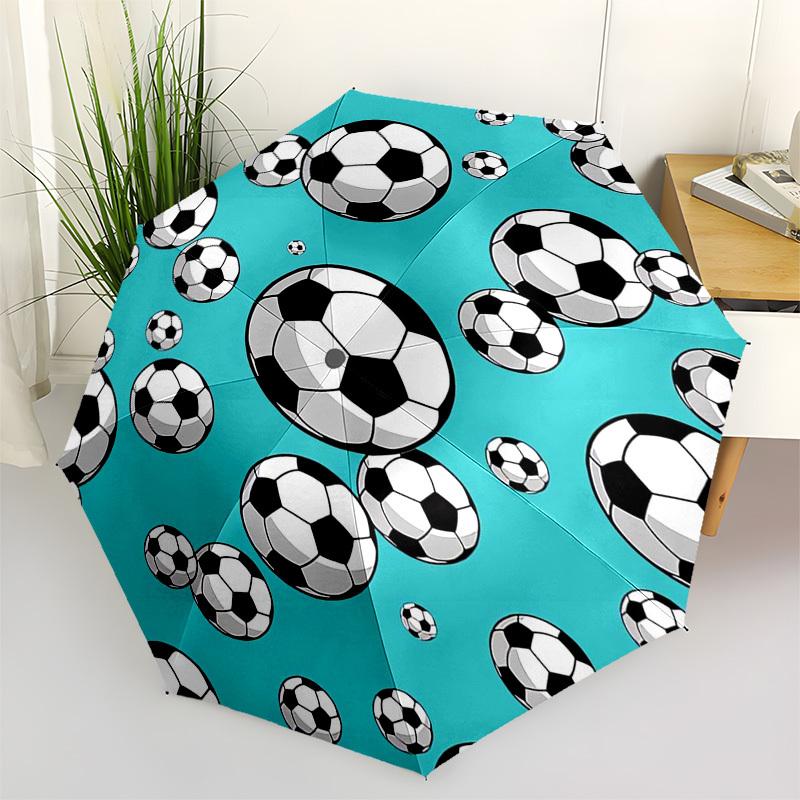 Soccer balls,Teal background Themed Automatic Opening and Closing Umbrella,Compact Travel Umbrella,Lightweight and Portable,Suitable for Bea