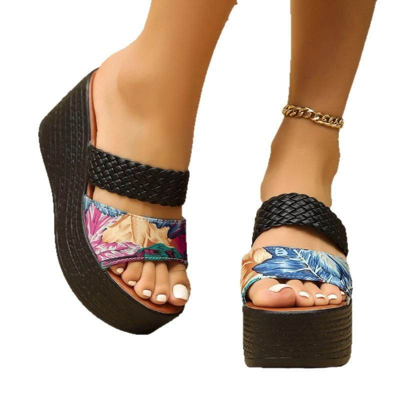 New sponge cake thick bottom printed one-word slippers women's large size slope heel beach cool slippers ebay