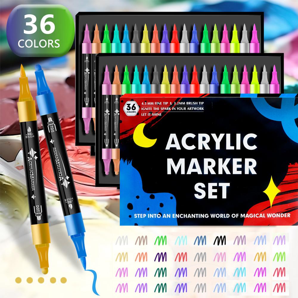 Dual Tip Acrylic Marker Brusht Soft&Round Tip Paint Markers Fade Resistant Durable Acrylic Pen for Canvas Glass Wood