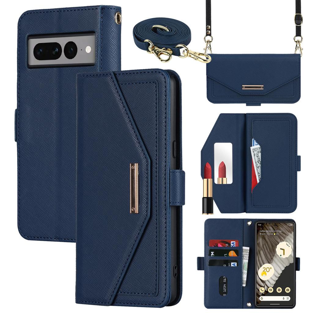 For Google Pixel 7 Pro 5G Stand Case Cross Texture PU Leather Wallet Phone Cover with Shoulder Strap/Makeup Mirror