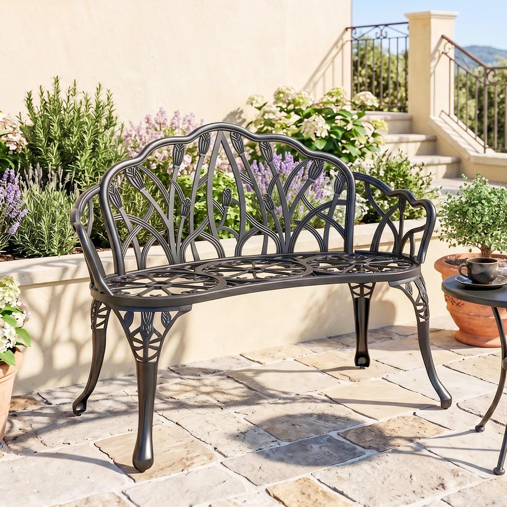 Garden Bench, 2-Seater, Cast Aluminum, Outdoor Bench with Tulip Backrest, Floral Motif