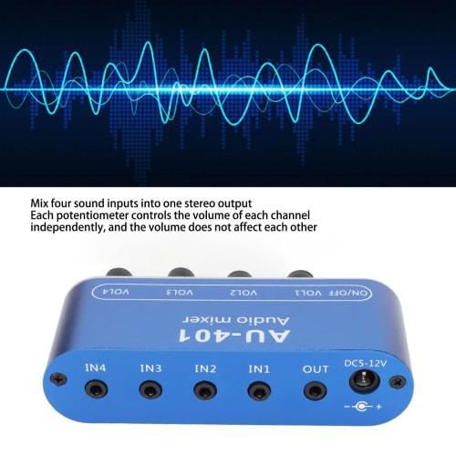 Portable Stereo Line Mixer, DC 12V 4-Channel 3.5mm Sound Selector Amplifier for Microphones, Guitars, Keyboards, Stage Submixers, etc.