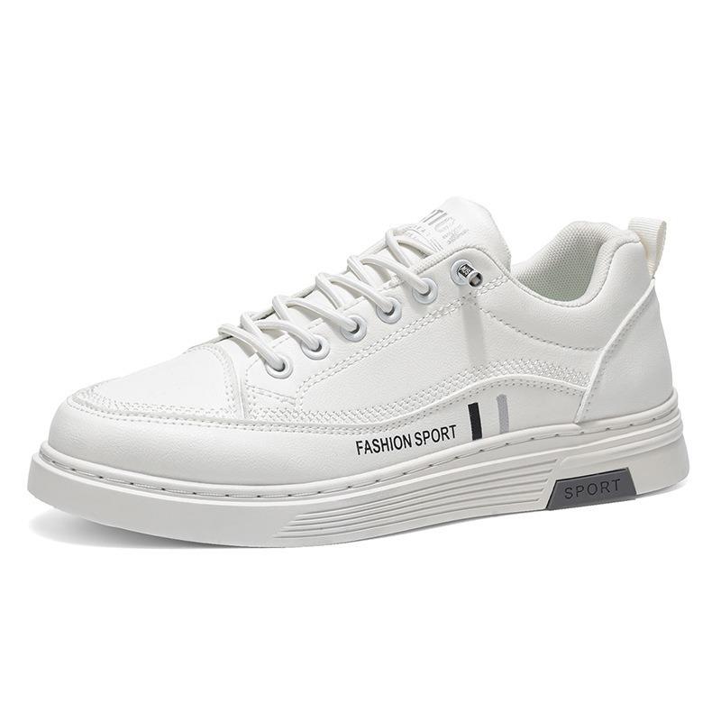 Mens Fashion Versatile Thick Sole Leather Low Top White Casual Board Shoes