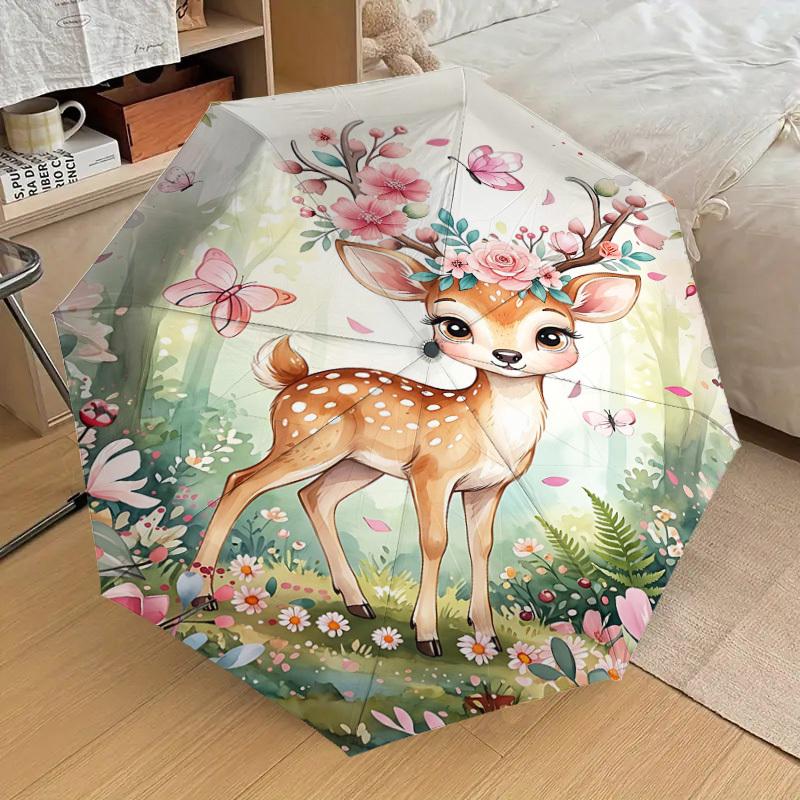 1PC Deer Flowers Umbrella-8-Rib Reinforced, Automatic Open, Lightweight & Durable, Fashion Accessory for Outdoor, H0355