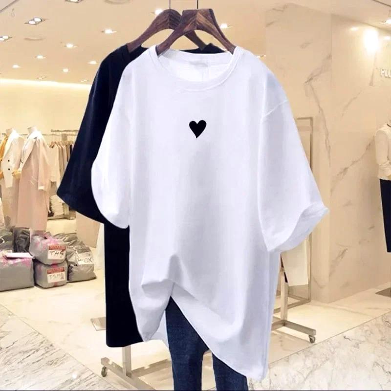 Plus Size Women Casual Loose Pure Top Tees Basic Solid Short Sleeve Pullovers Summer Love Printed Short Sleeve Vintage Tee Shirt