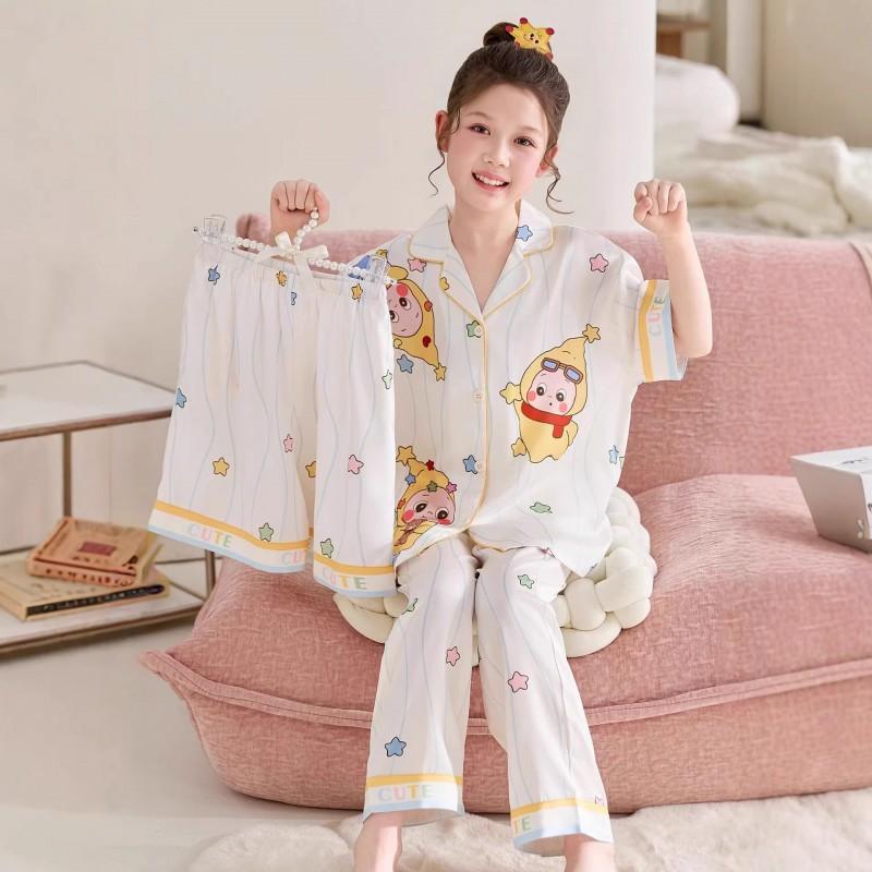 Kids Ice Silk Pajama Set Girls 3-Piece Short Sleeve Long Pants Cartoon Print Soft Breathable Sleepwear Home Outfit