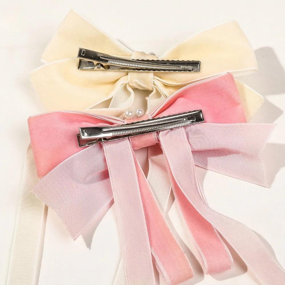 Velvet Ribbon with Pearl Korean Hair Clips for Women Elegant Long Tassel Large Bows Girls Hairpin Accessories Autumn Winter New