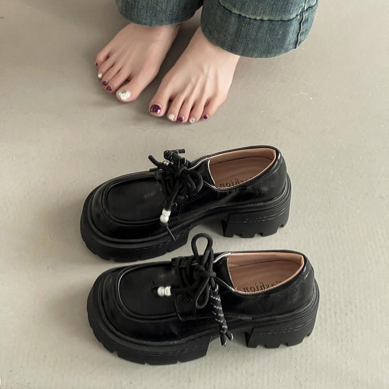 Fashion retro thick heel bag head single shoes British style lace-up small leather shoes women's autumn Japanese round head platform loafers
