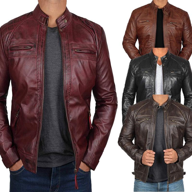 European and American men's old leather jacket male teen stand-up collar punk men's motorcycle leather jacket