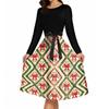 Women's Vintage Christmas Print Long Sleeve Round Neck Party Dress for Holiday Parties