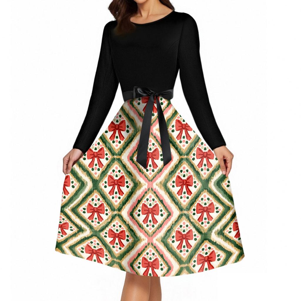 Women's Vintage Christmas Print Long Sleeve Round Neck Party Dress for Holiday Parties