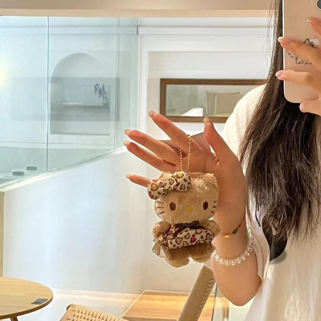 Hello Kitty Leopard Print Plush Toy Mascot Holder Pendant Key Ring Keychain Cute Character Merchandise [ZITION]