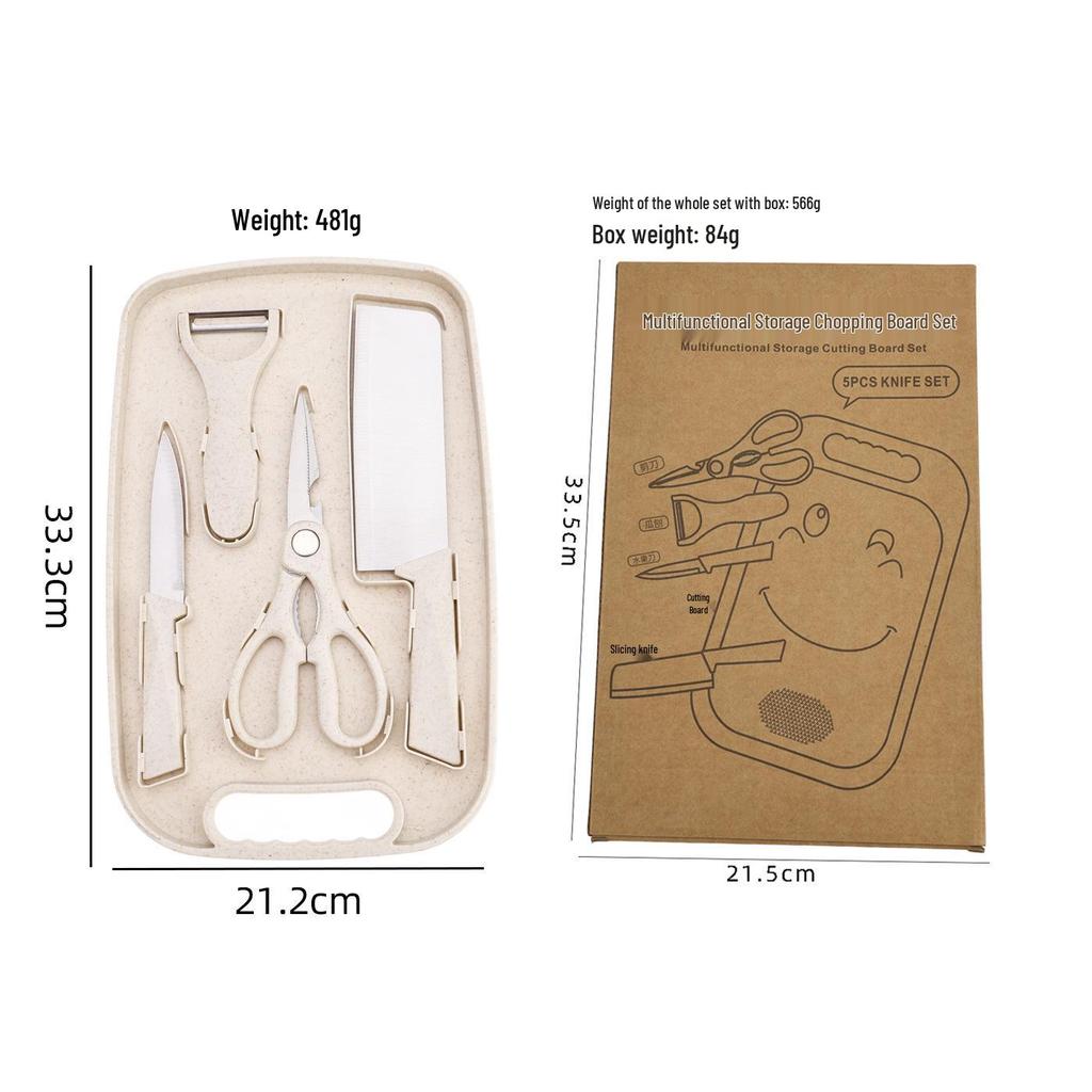 5-Piece Multi-functional Wheat Straw Cutting Board Set: Includes Kitchen Knife, Fruit Knife, Scissors, Chopping Board, Outdoor Knife.