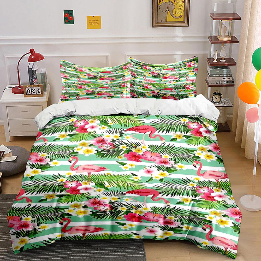 Flamingos, Flowers, Green Stripes. Bedding Sets Duvet Cover Sets Duvet Covers Pillowcases(1 * Duvet Cover 2 * Pillowcases, Without Duvet Insert)