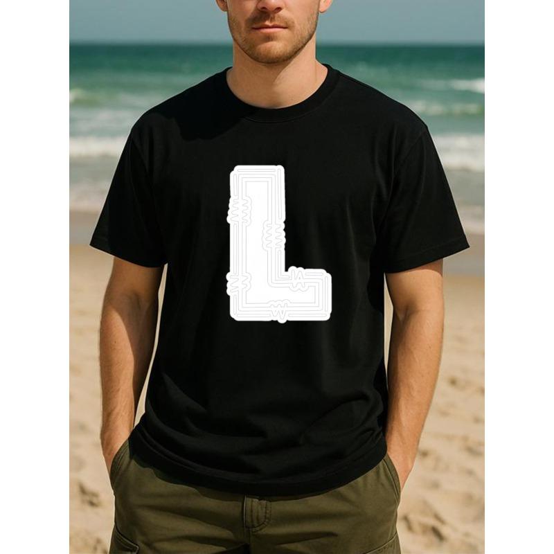 

European Size Creative L-shaped Line Print, Versatile Daily Top, Men s Casual Short-sleeved Round-neck Pattern Printed T-shirt, Men s Wear 4XL чорний