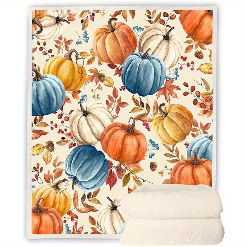 Fall Pumpkins Throw Blanket, Autumn Orange White Blue Pumpkins Leaves and Berries Soft Warm Fleece Custom blankets Size: 75*100cm, Weight: 230 GSM