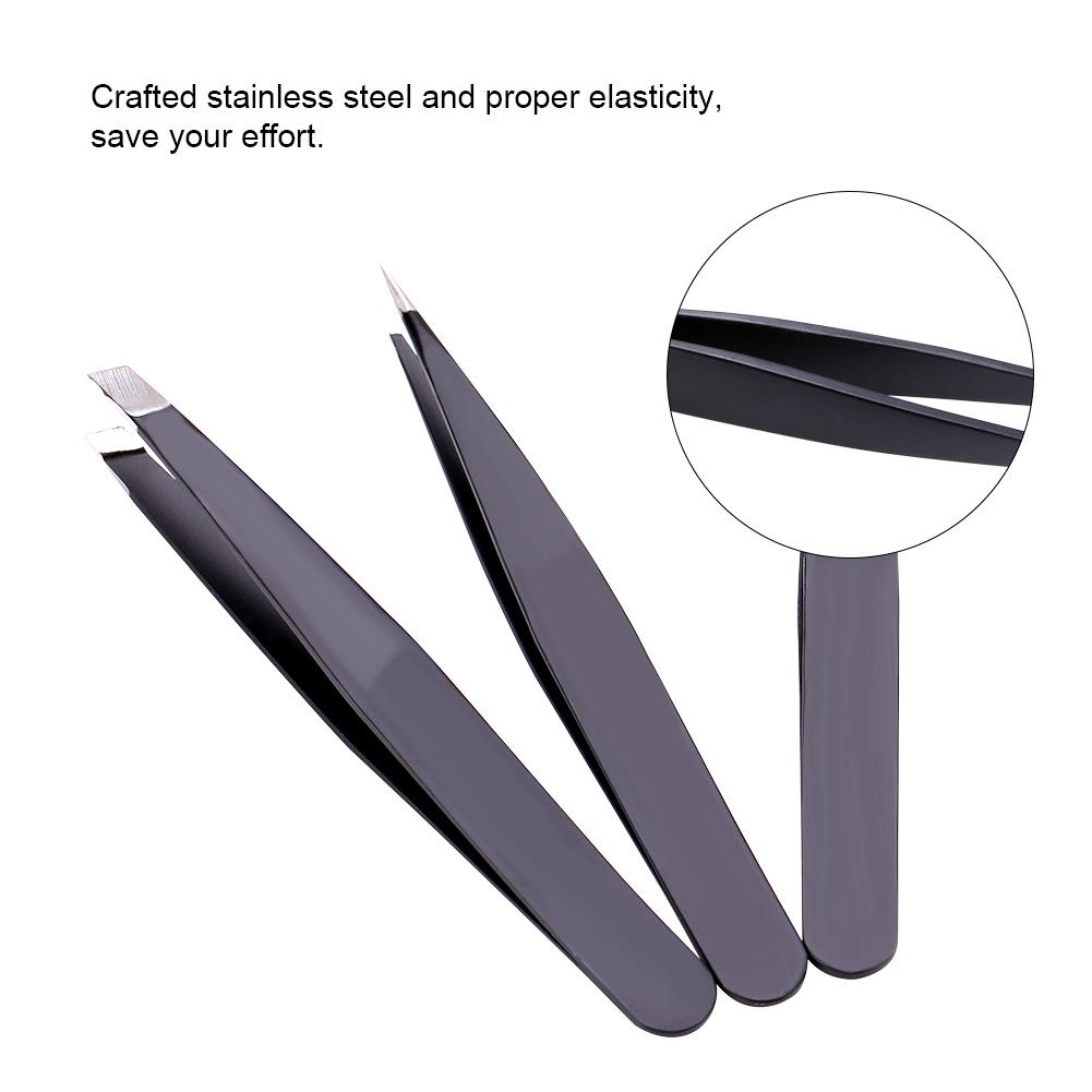 Black Stainless Steel Tweezer Set Flat Tip Point Tip Slant Tip Eyebrow Facial Hair Removal