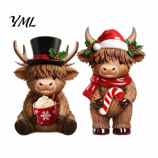 Decorative Highland Cattle Statue 2Pcs Christmas Cow Figurines, Resin Santa Reindeer Cow, with Hat, Seasonal Mantelpiece Ornaments Hot Cocoa,