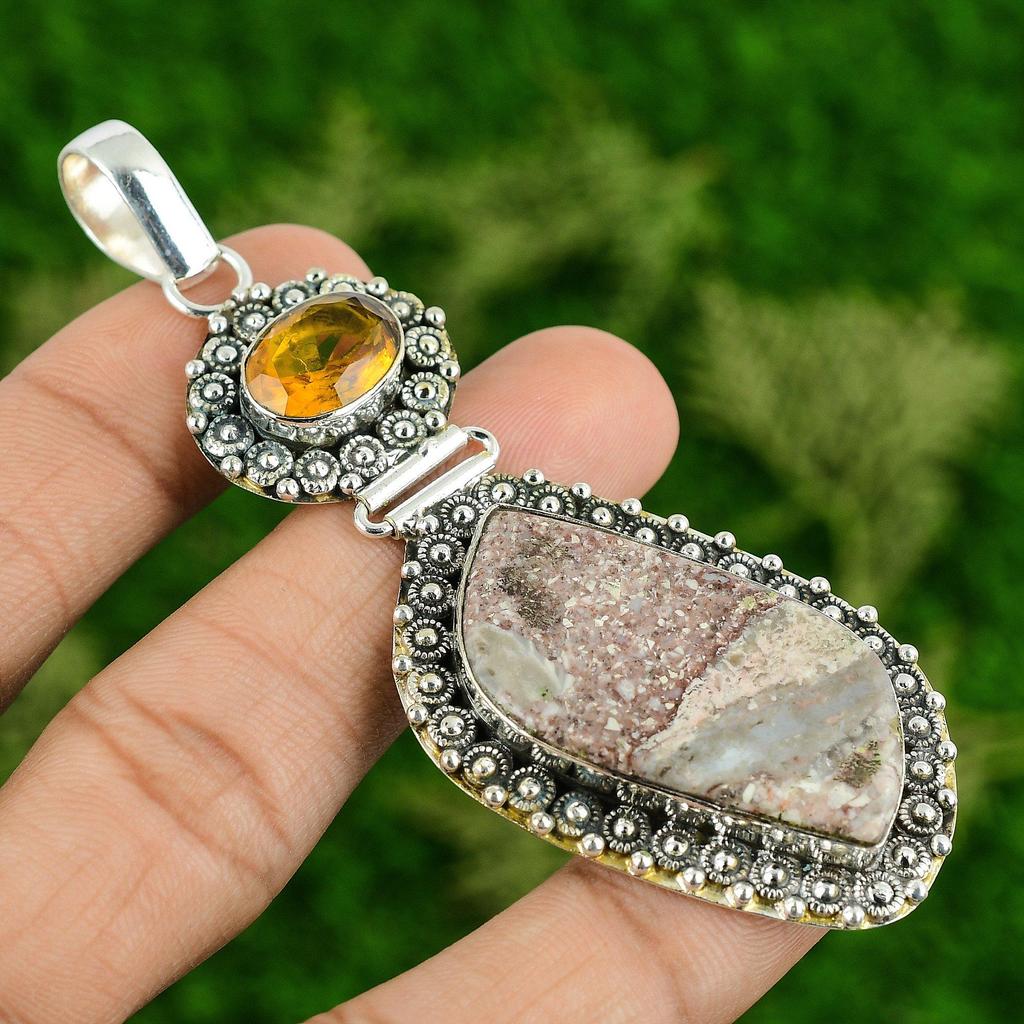 Sterling Silver Red Brecciated Mookaite Gemstone Citrine Bezel Birthday Pendant