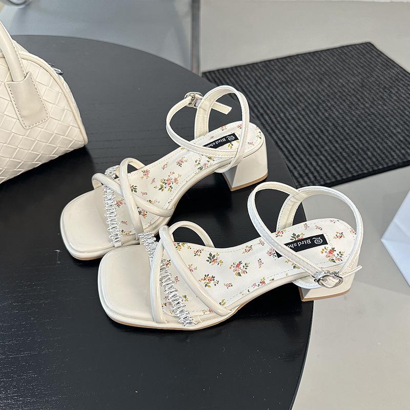French open-toed rhinestone sandals 2025 spring new fashion outer wear thick heel square head one-word buckle with skirt women's shoes