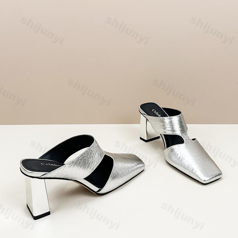Fashion Women Sandals Fashion Square Toe Shallow High Heel Ladies Mules Casual Shoes Large Size Summer Stiletto Party Dress Sandalias