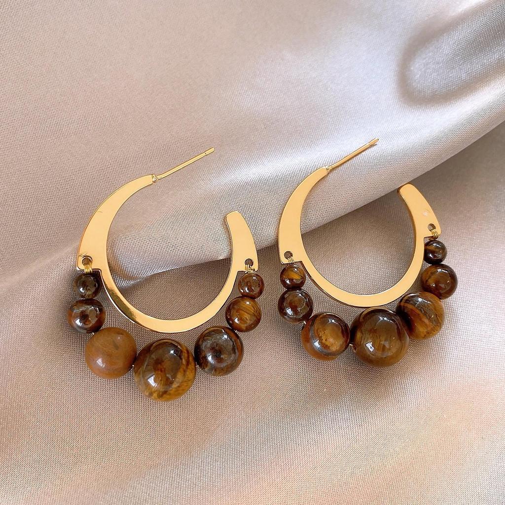 Geometric Tiger's Eye Stud Earrings, Retro Millard Style - Unique Design with Silver Needle 