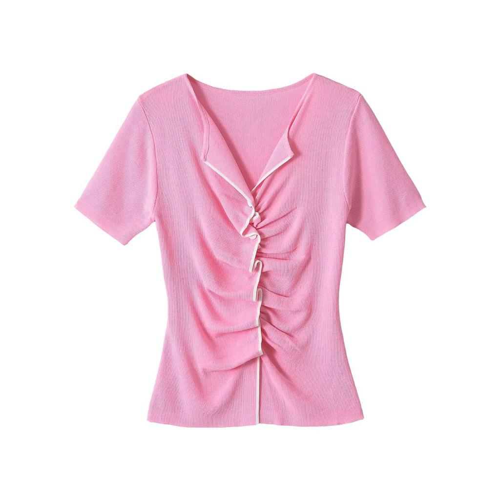 European and American Style, New Women's Clothing, Fashionable, Versatile, Casual Short-sleeved Crew Neck Pleated Knitted Top