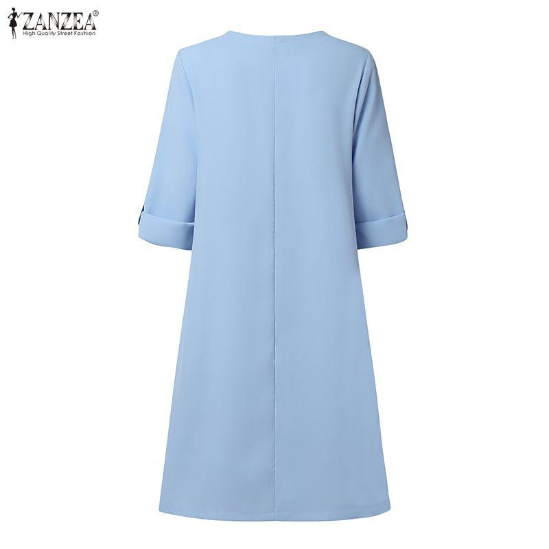ZANZEA Women Casual V-Neck Summer 3/4 Sleeve Plain Dress