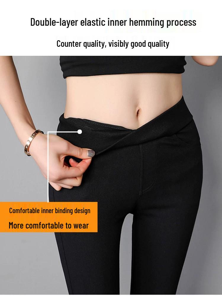 Black High-Waist Stretch Leggings for Women, Plus Size, Fleece-Lined, Slim-Fit Spring/Autumn.