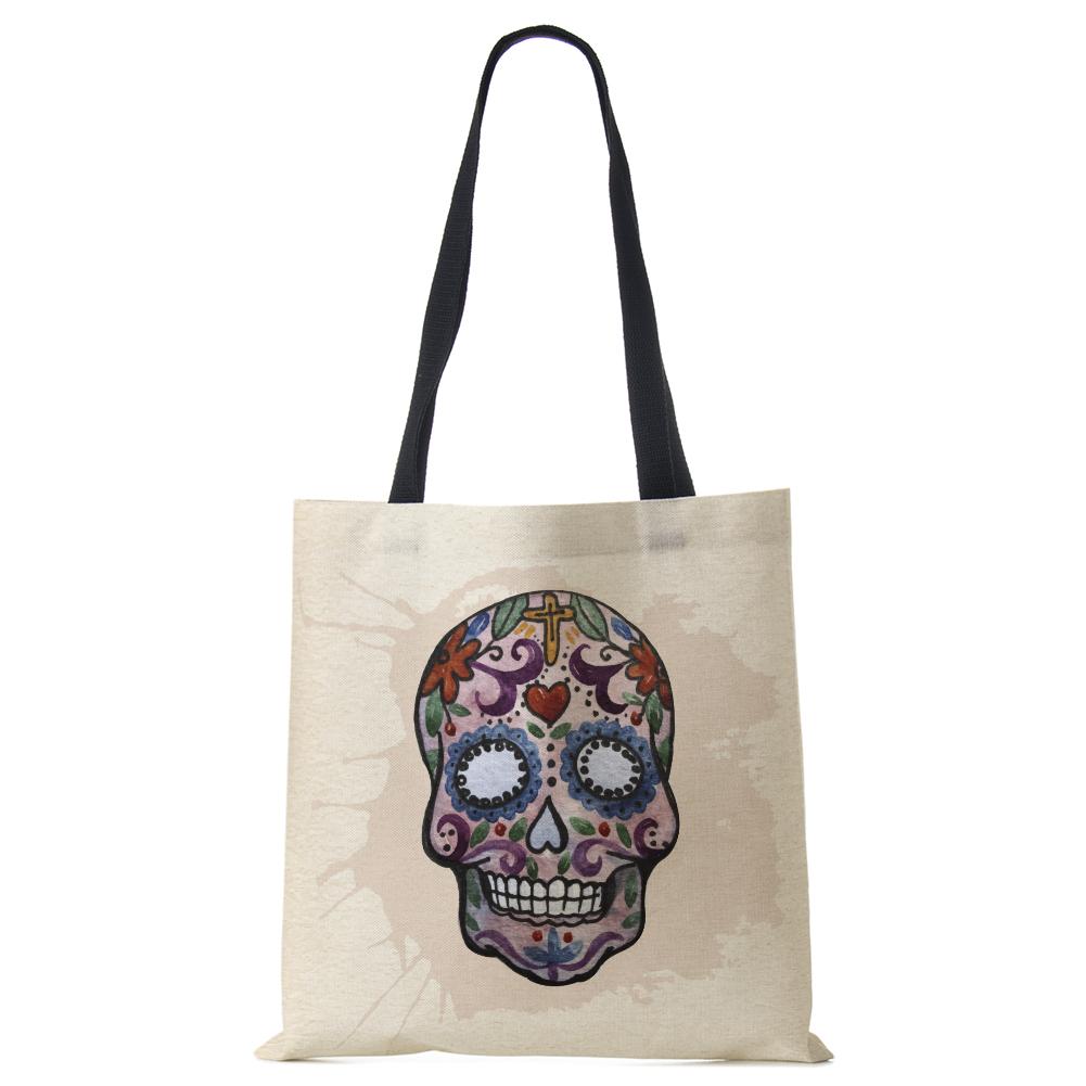 Abstract Art Skull Horror Print Shopping Bags Women Folding Reusable Customize Tote Shoulder Bag Canvas Groceries Handbags 2022 CLE