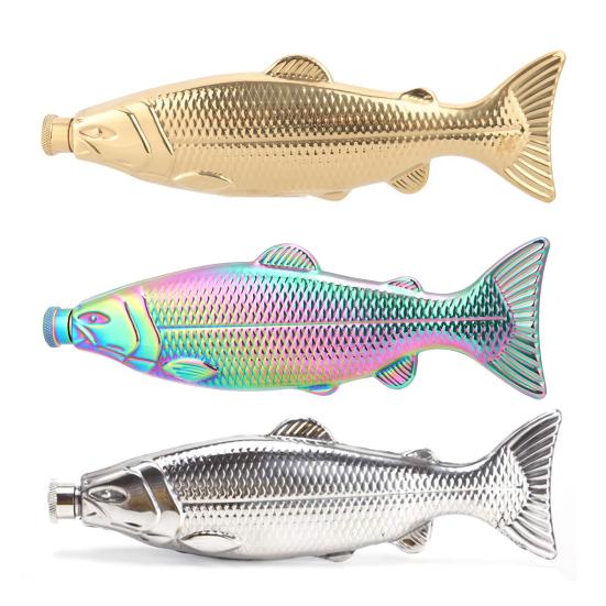 Fiskeformet lommelærke 5 oz Rustfritt stålflaske Lekkasjesikker Sklisikker Lomme-spritflaske for Utendørs Reiser Fiske Camping Fest Drikkeglass