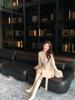 Elegant Women's Wool Cardigan Coat with Apricot, Fur-Trimmed Detail and Waist Cinching – Perfect for Autumn and Winter.