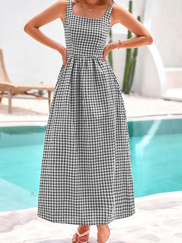 European & American Style Square Neck Plaid Shirred Dress - Fashionable Strappy Casual Women's Dress