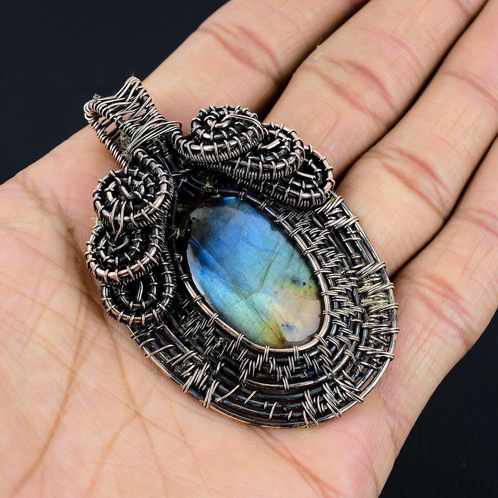 Labradorite Pendant, Handmade Gemstone 999 Copper Wire Wrapped Pendant Antique Jewelry, For Gift Silver Jewelry