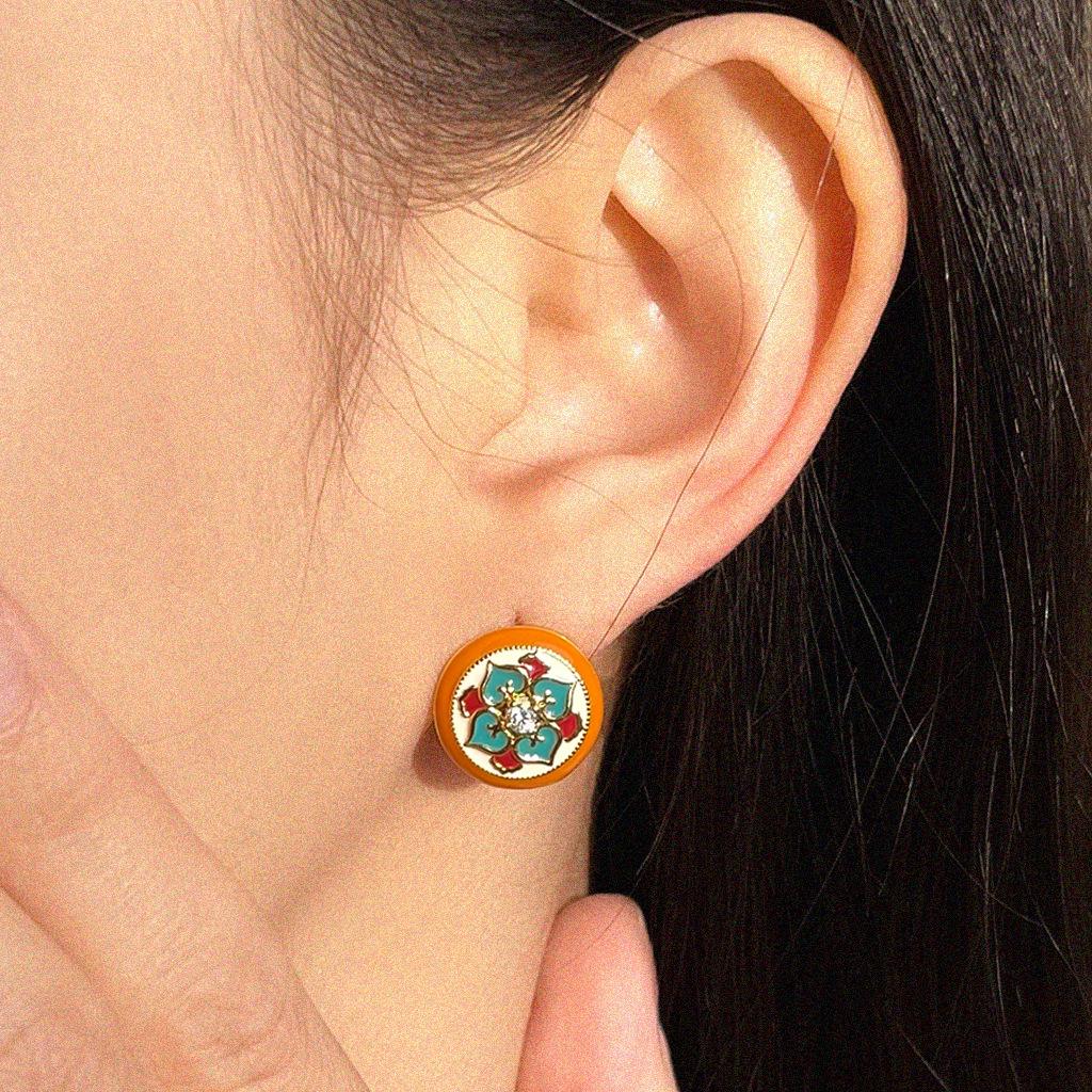Vergoldete Retro Cloisonné Emaille Blumen Ohrstecker - Ethnisch Geometrisches High-End Design.
