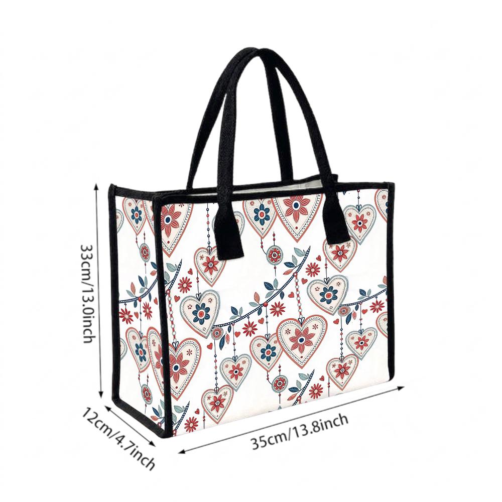 Boho Heart Floral Print Casual Tote Bag for Women Lightweight Shoulder Handbag for Daily Commute Shopping