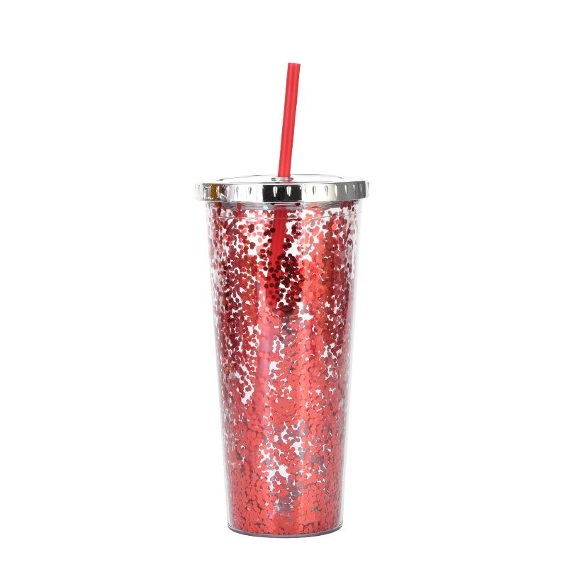 Taza de Plástico de Doble Capa de 24 oz con Purpurina Botella de Agua Portátil con Pajita Vasos Reutilizables de Plástico con Tapas Taza para Bebidas de Fiesta