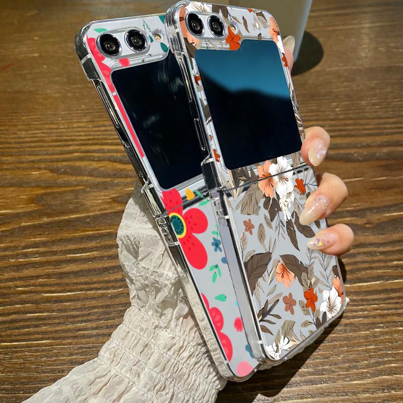 Romantic Floral Pattern Phone Case For Samsung Galaxy Z Flip 6 5 4 3 5G Folding Hard Clear Cover For Samsung Z Flip6 Flip4 Flip5