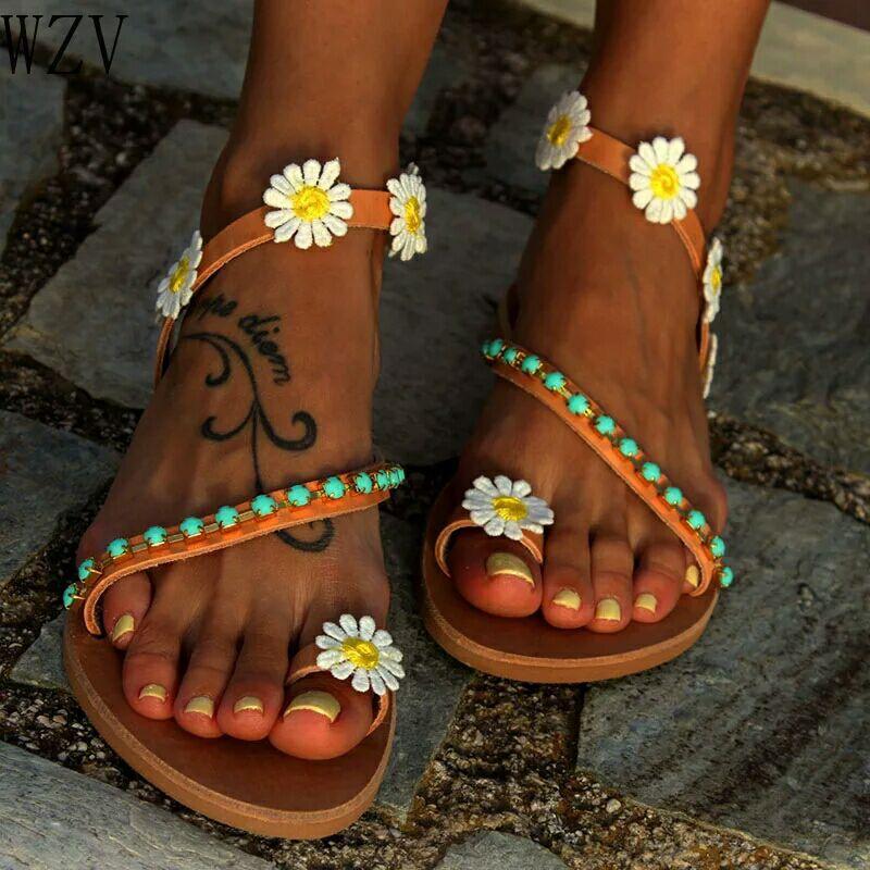 

Summer new large size sweet bohemian flat beach shoes women s flower beaded women s sandals 43