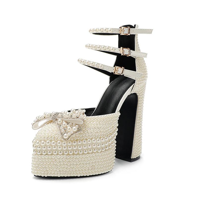 Fashion Luxury Handmade Full Pearls Rhinestones Bowknot Women Pumps Fashion Ankle Strap Platform Wedges High heels Banquet Wedding Shoes