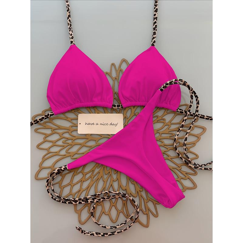 Ladies' Fashionable Leopard Print Bikini Swimsuit - Tie String Triangle Top & Thong Bottom Set, Sexy Beach Vacation Outfit