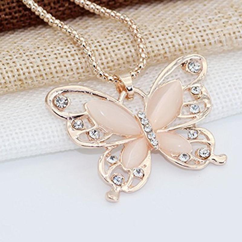 

Rose Golden Color Opal Butterfly Pendant Necklace Animal Design Sweater Chain Long Necklace For Women Jewelry