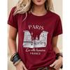 Daily Wear Basic Top Tee Fashion New Women Crew Neck Short Sleeve T-Shirt, Loose Casual Paris Graphic Print
