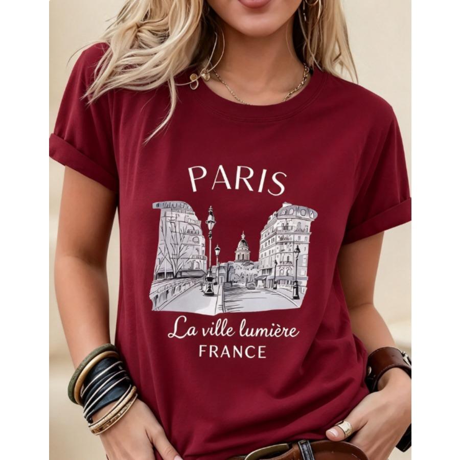 Daily Wear Basic Top Tee Fashion New Women Crew Neck Short Sleeve T-Shirt, Loose Casual Paris Graphic Print